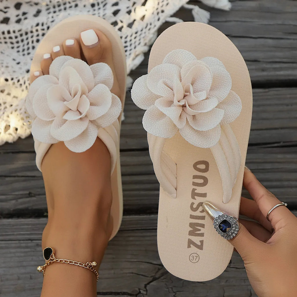 Plus size floral pattern slippers in beige, green and rose red colours with PU construction