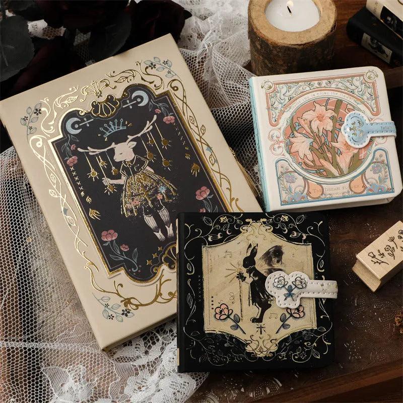 THALO Gothic style A5 retro notebook showing three cover design options including A-Little Rabbit, Forest, and Red Fruit Temptation variants.