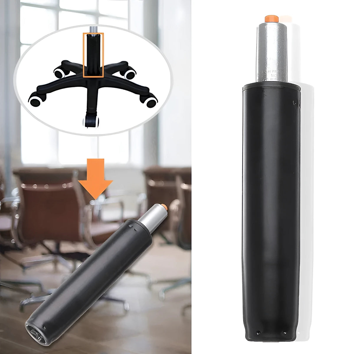 A metal gas spring assembly for a lift chair, shown in electroplated and black paint finish options.