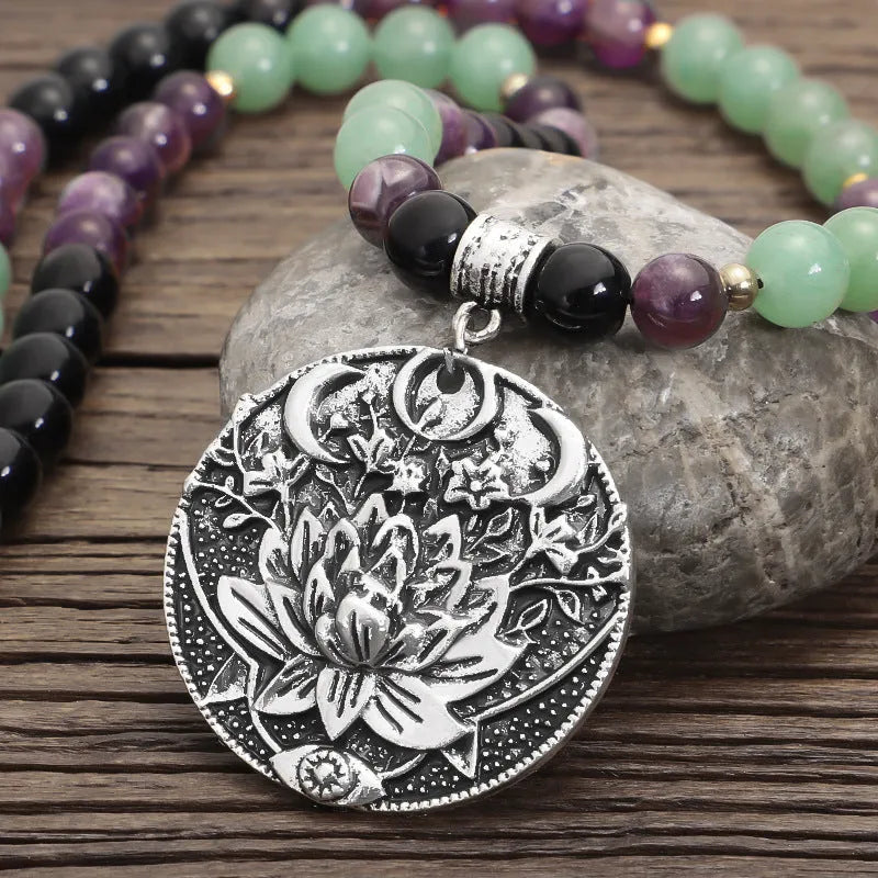 Handmade stone bead necklace with alloy lotus pendant and matching bracelet