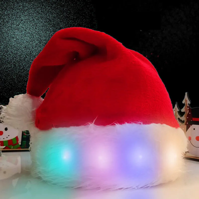 Red and white LED Santa hat with pom-pom and 9 colourful bulbs glowing