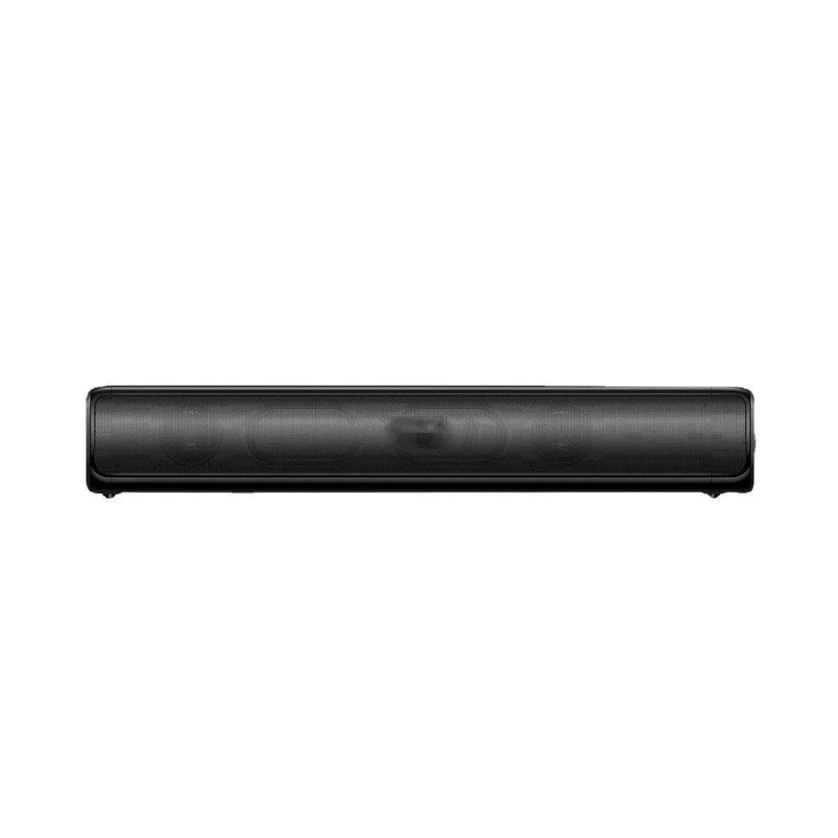 Black plastic home TV speaker subwoofer with dual speakers and 5.1 channel Bluetooth audio, front view