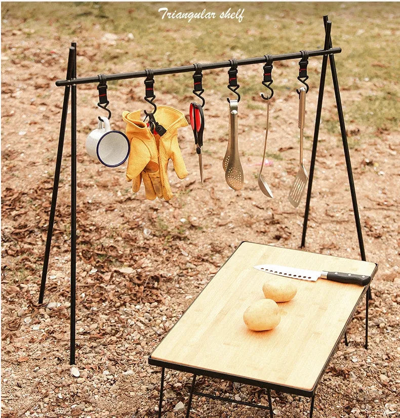 Aluminium alloy triangle folding clothes drying rack with multiple hooks for camping