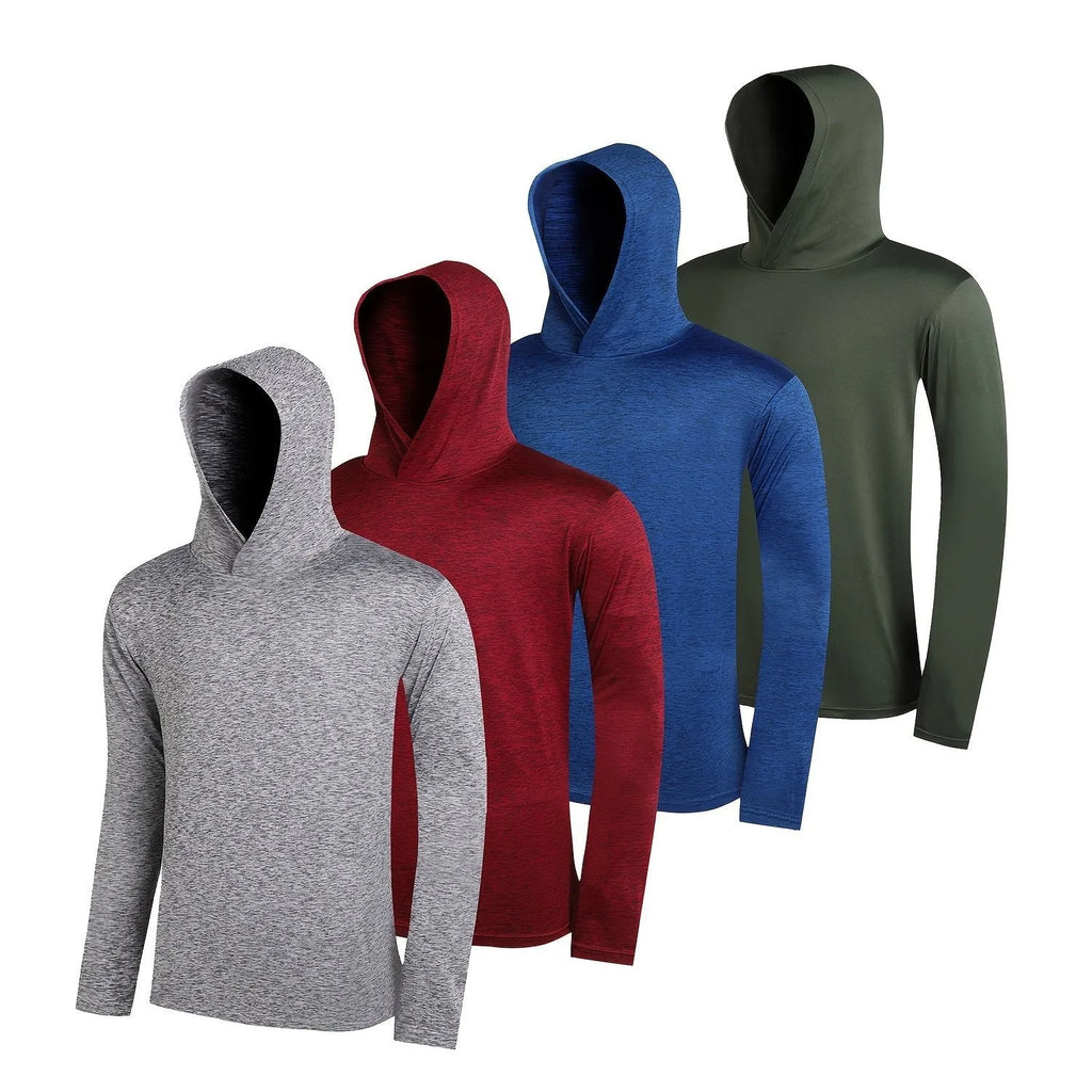 Four men's lightweight polyester hoodies in different colours displayed together as a coordinated set