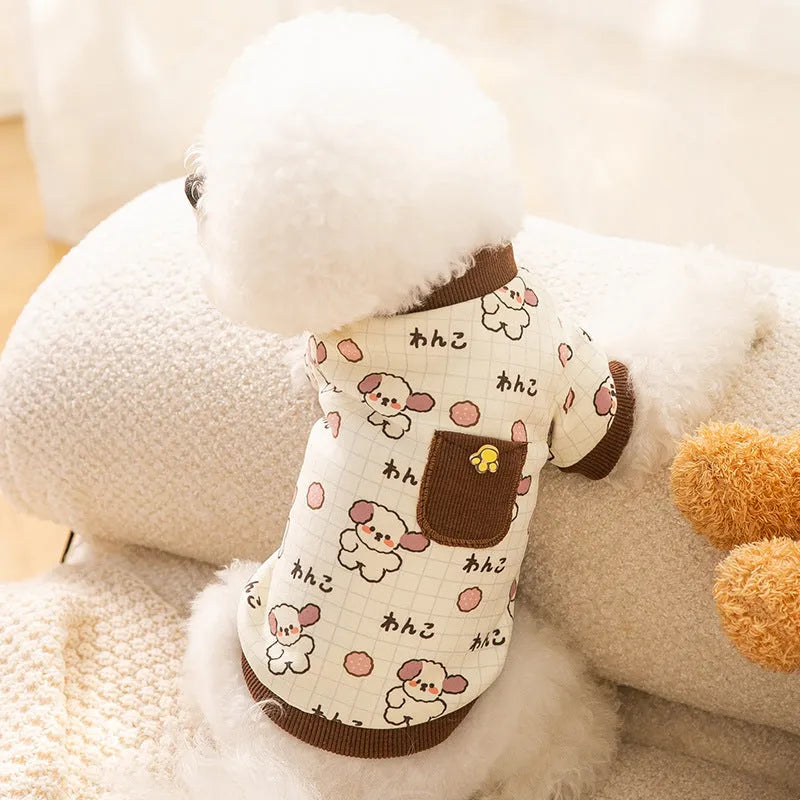 Pet clothing with warm pockets, soft velvet, blue colour, on a small dog or cat, bear home wear style