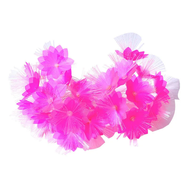 LED optical fiber flower light string with 20 warm white beads and plastic shell, battery powered, available in 1.5m to 100m lengths.