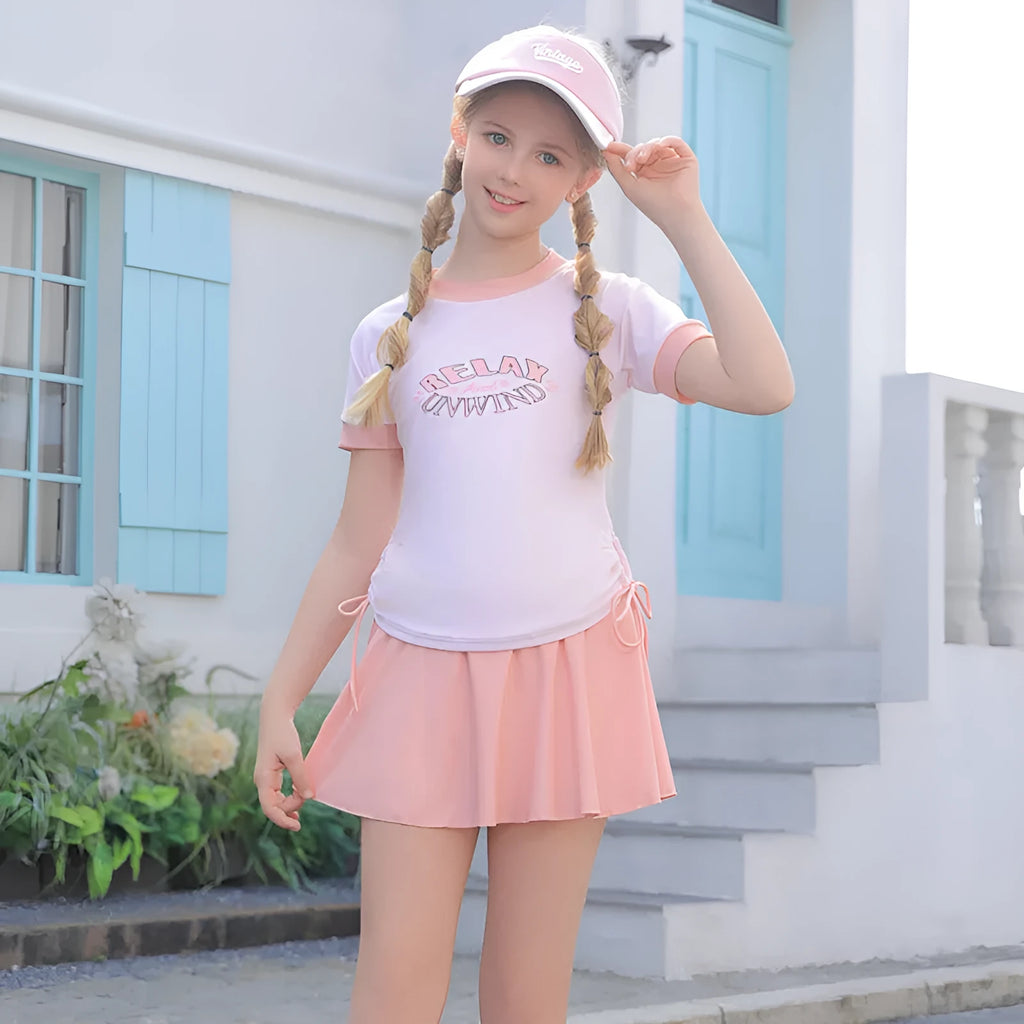 Children's high waist split swimsuit with skirt in pink polyester for swimming and wading