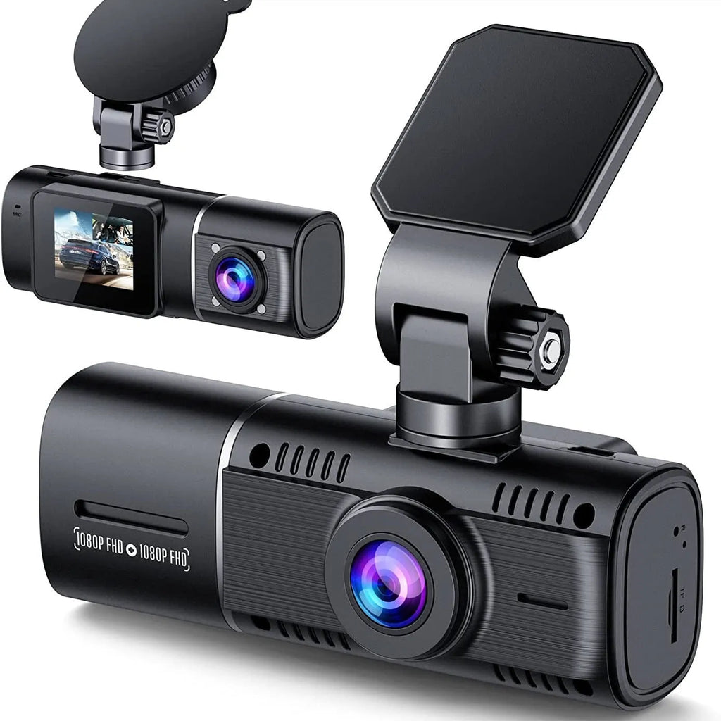 Black dash camera with dual lenses for front and rear recording, 1.5-inch screen, and car mounting stand