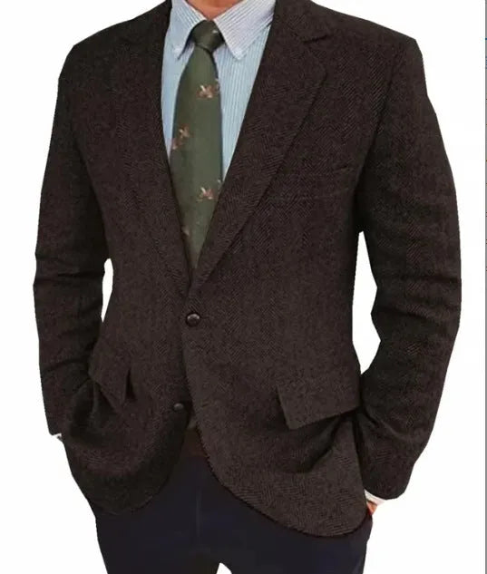 Men's brown herringbone pattern retro suit jacket with long sleeves and flax lining.