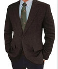 Men's brown herringbone pattern retro suit jacket with long sleeves and flax lining.
