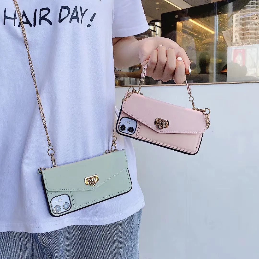 Leather card changer phone case with crossbody strap for iPhone 11 12 XS XR 7 8 Plus, full edge protection