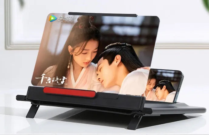 12-inch pull-out horizontal vertical screen amplifier with Fresnel lens and blue light bracket in black on a modern desk