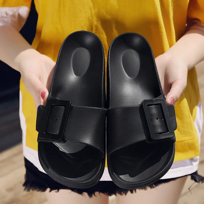 Women's buckle flip-flop slippers in multiple colours with soft EVA sole