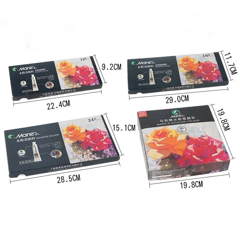 Gouache paint set showing tubes in a box, available in 12, 18 or 24 colour options