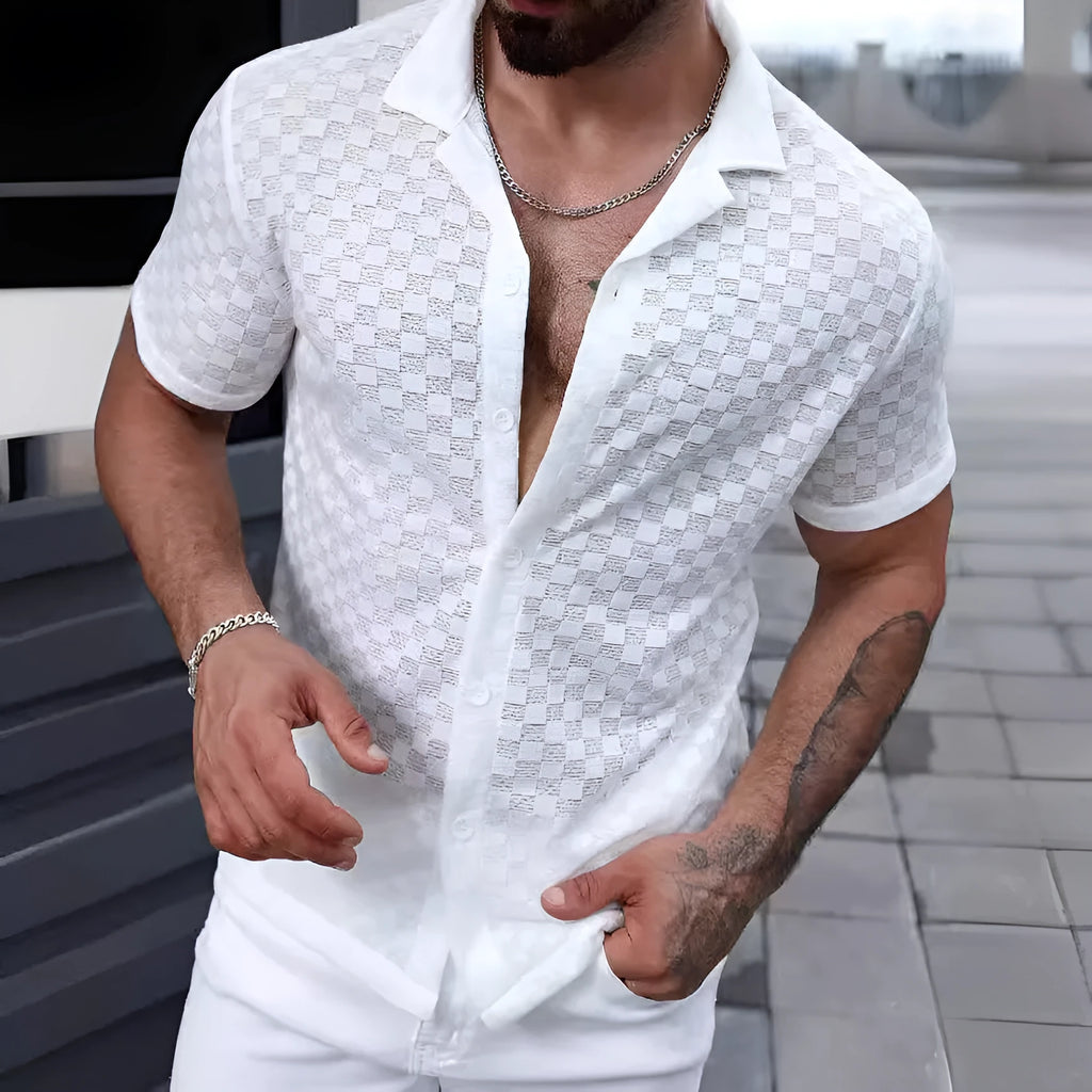 Men's short sleeve shirt with lace hollow detail in white or black, polyester blend, sizes S-XXL