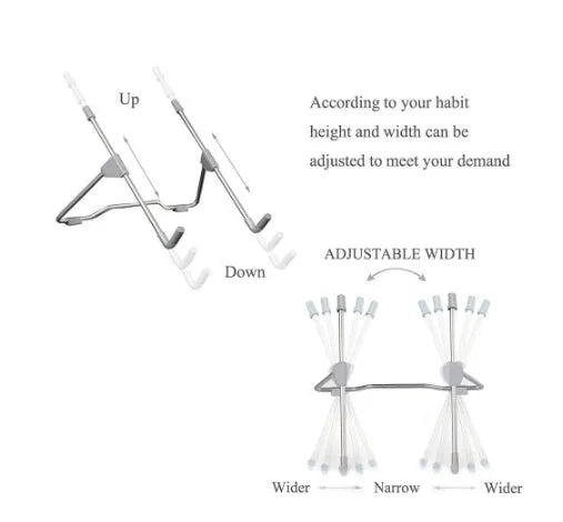 Grey aluminium alloy and engineering plastic mobile phone and laptop stand on a desk.
