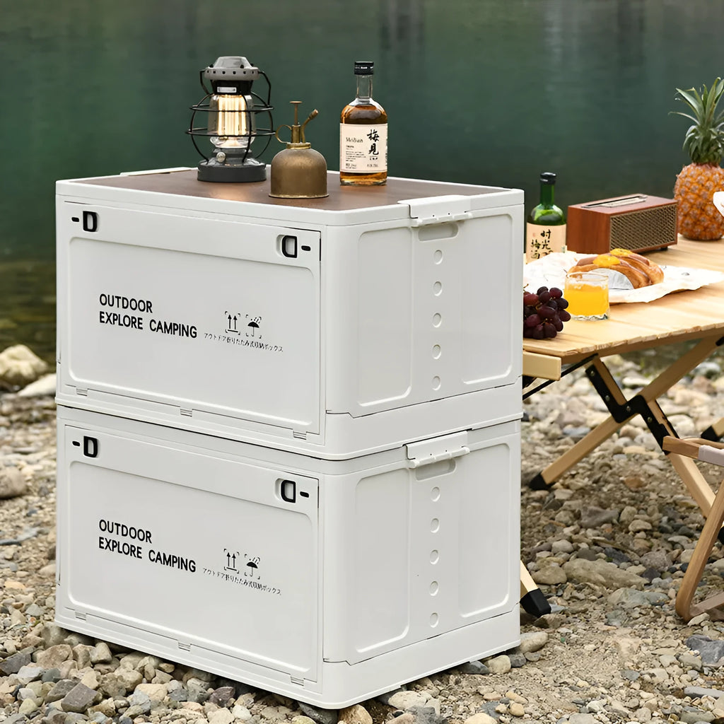 Large white plastic storage box with wooden lid, shown open, for household organisation.