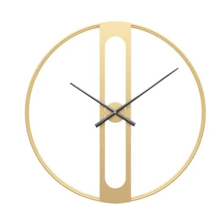 Large round metal wall clock with black dial and gold Arabic numerals on a white wall