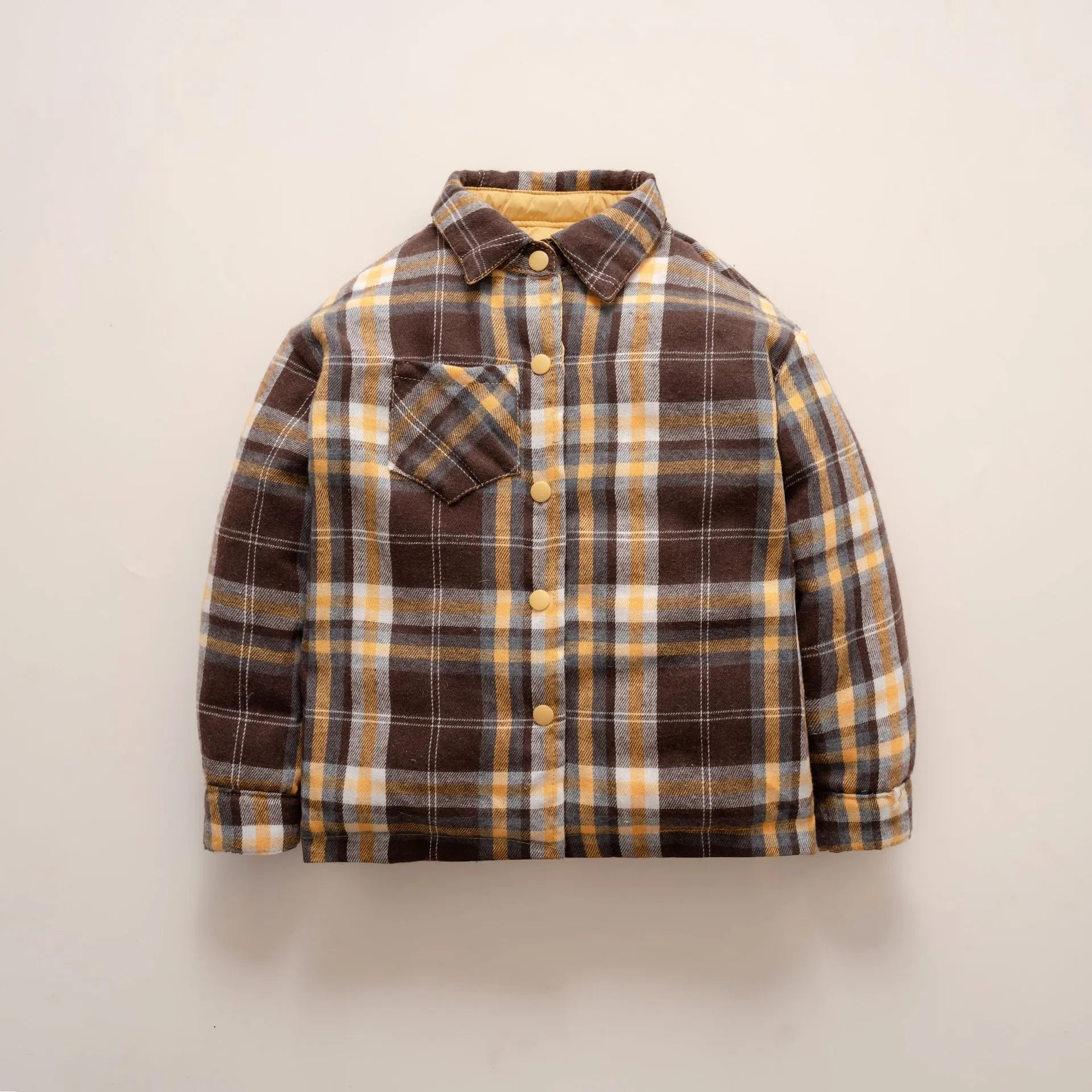 Children's lightweight reversible short jacket in yellow and light gray, polyester with nylon lining, available 90-160cm height