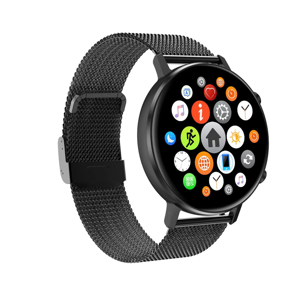 DT96 smart bracelet with stainless steel strap and 1.3-inch display shown in three colour options
