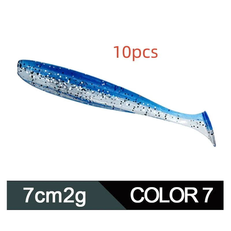 Close-up of a two-tone soft plastic T-tail fishing lure measuring 7cm, shown in one of 14 available colour styles.