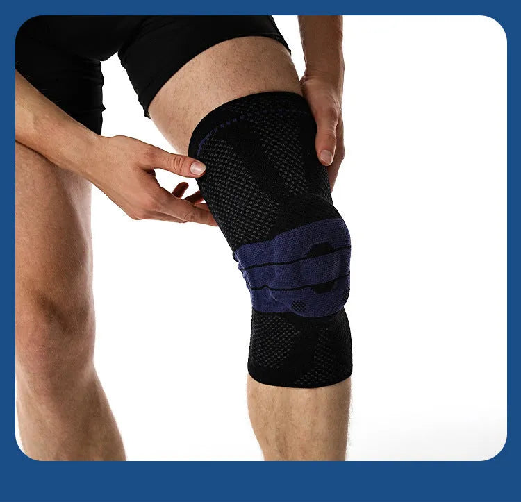 Black and blue adult sports knee pad made of nylon and spandex for basketball and running.