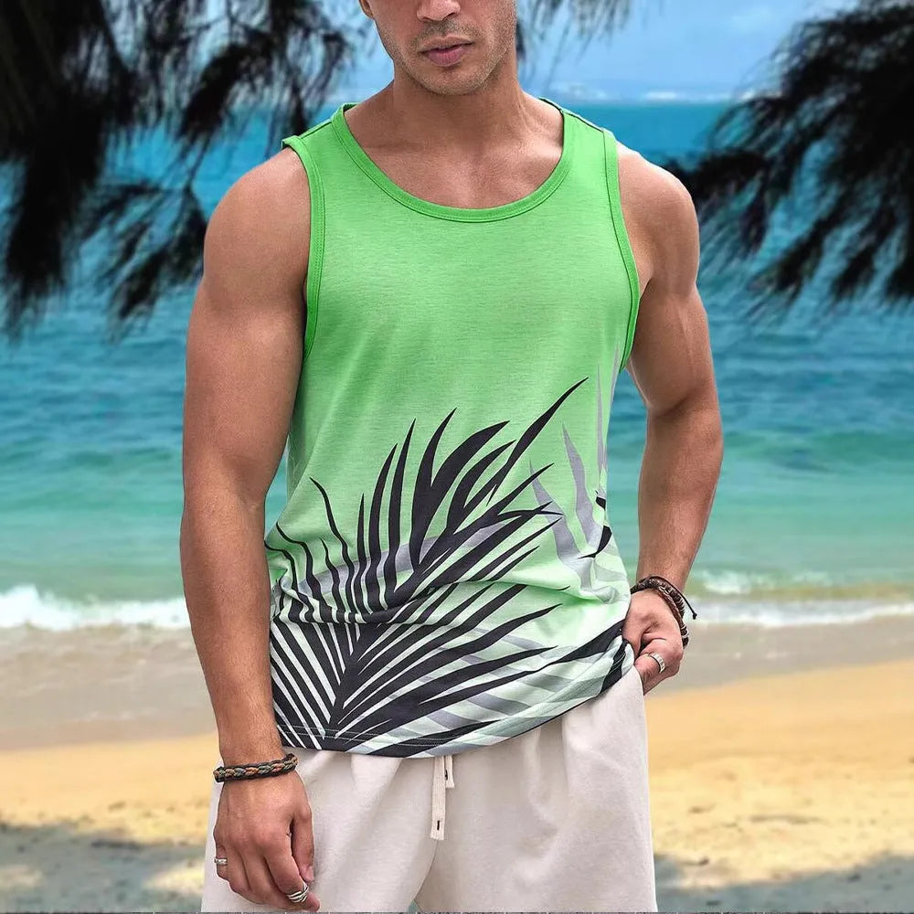 Men's 3D printed Hawaiian style sleeveless vest in solid colour polyester fabric
