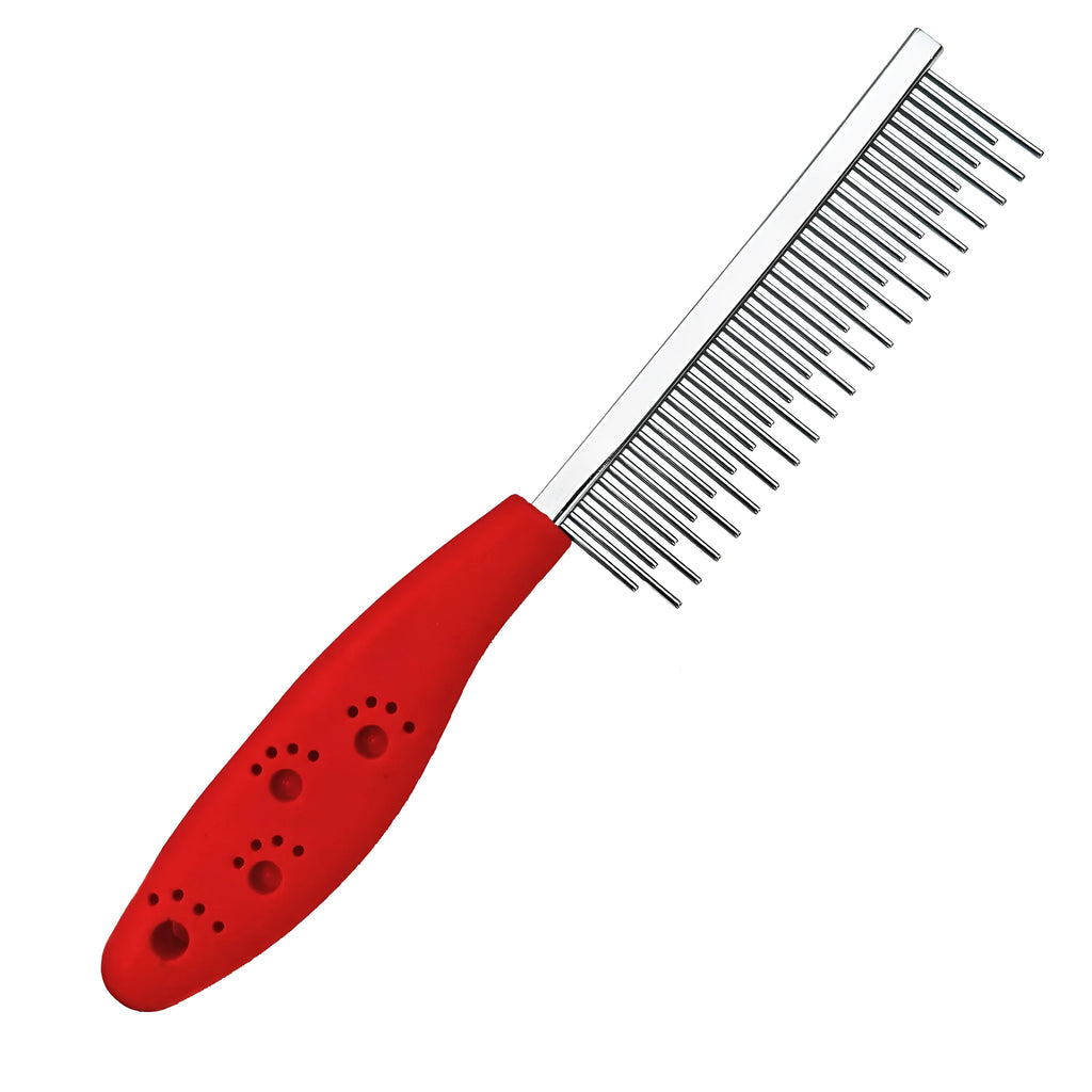 Red pet grooming comb with stainless steel dual-length teeth and plastic handle