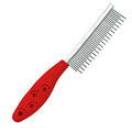 Red pet grooming comb with stainless steel dual-length teeth and plastic handle