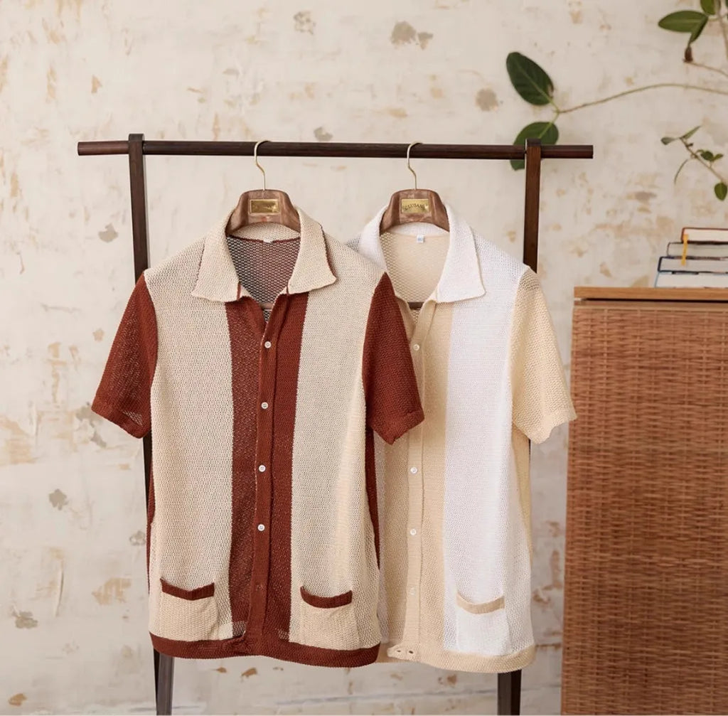 Beige linen cotton blended lapel cardigan top with short sleeves on hanger
