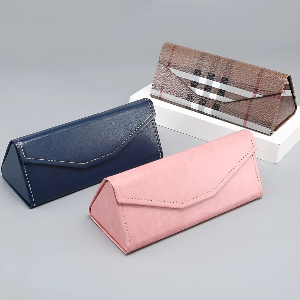 Handmade black PU cowhide triangle folding glasses case for full rim frames.