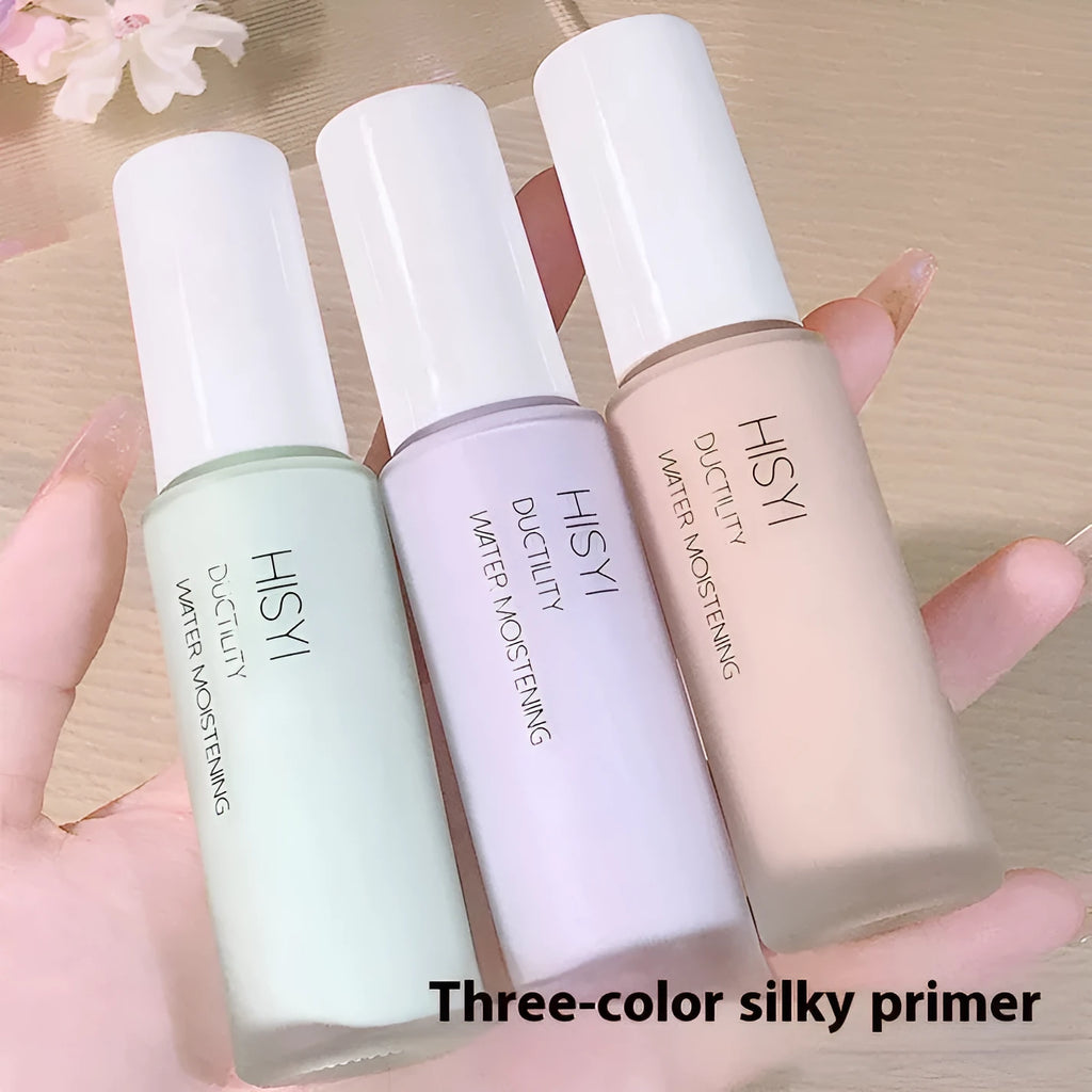 HISYI Silky Clear Makeup Primer tube in brightening shades 01, 02, and 03