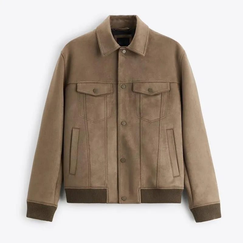 British style suede velvet commuter jacket in light grey or mink colour with long sleeves