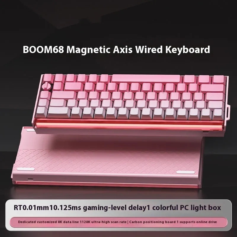 BOOM68 compact mechanical gaming keyboard with RGB lights on a desk