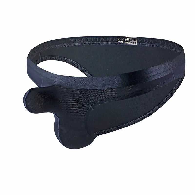 Men's low waist solid colour nylon briefs laid flat, showing available colours including grey and dark sky blue.