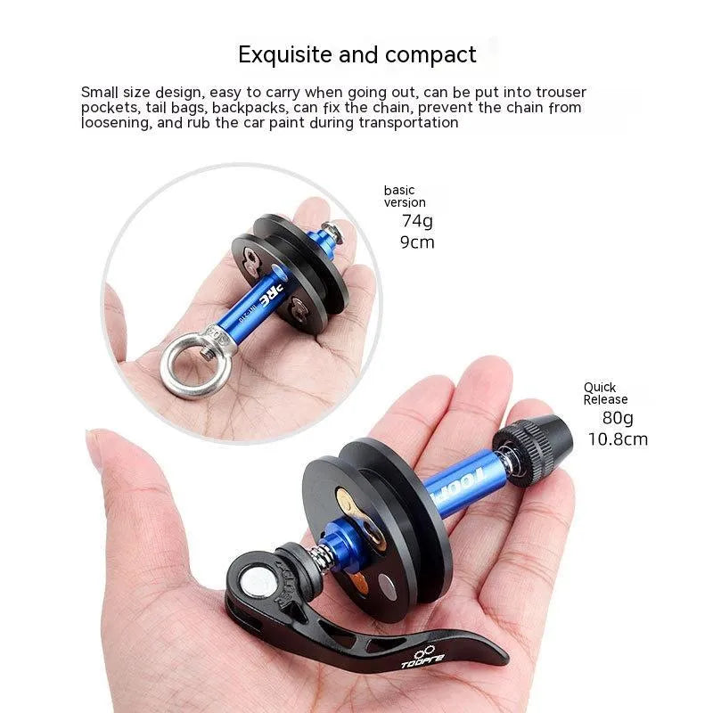 Aluminium bicycle chain holder tool showing three version options: barrel shaft, basic, and quick release.