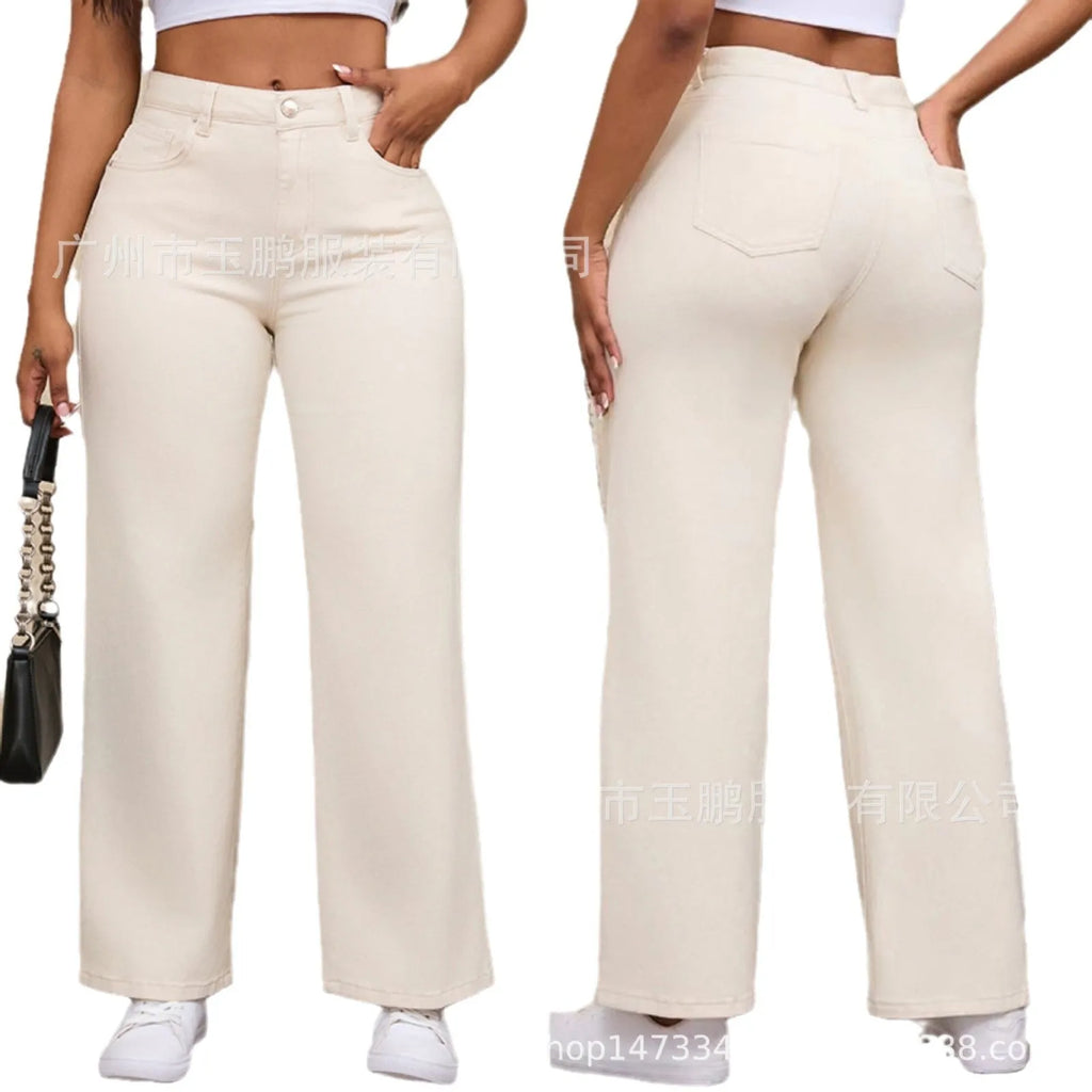 Women's apricot high-waist wide-leg straight jeans made from cotton.