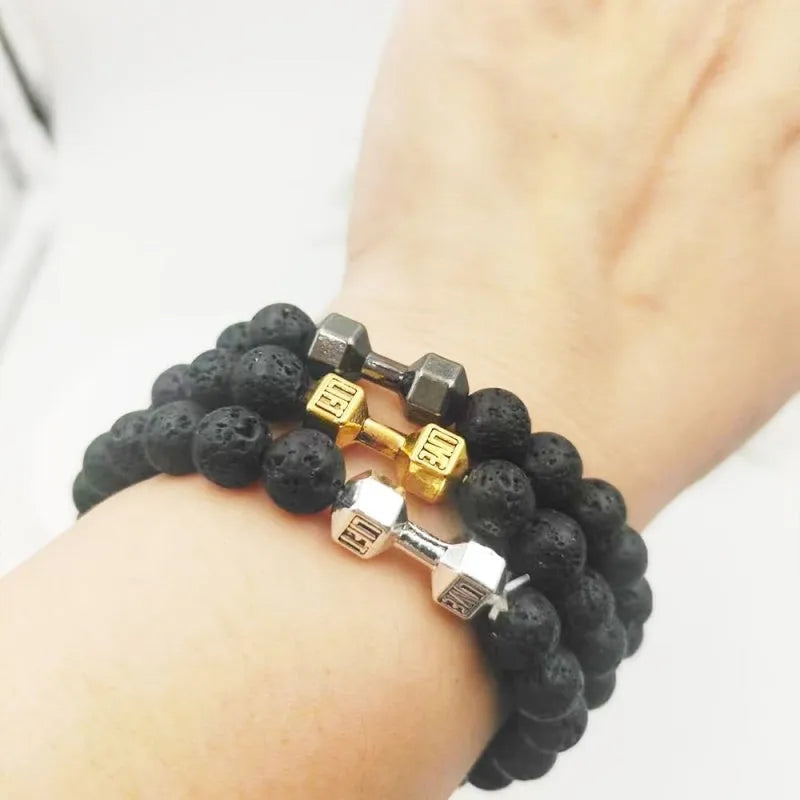 Men's 18cm alloy dumbbell bracelet with volcanic stone beads on elastic cord in volcanic black