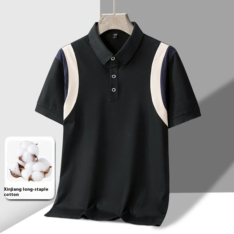 Men's striped cotton short-sleeve T-shirt with lapel collar in loose Korean fit