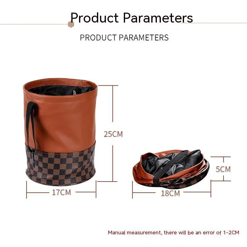 Retractable leather car bin showing folding design with carry handle for vehicle waste management