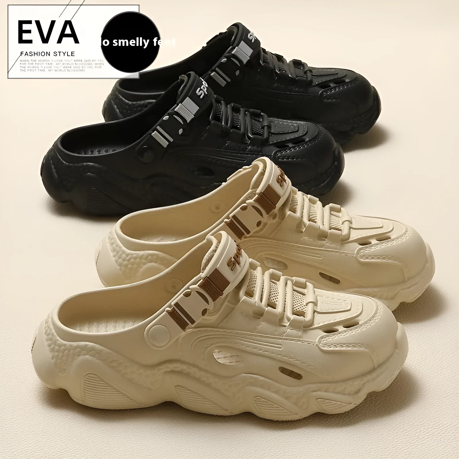 Men's khaki EVA outdoor slippers with hollow-out design on a stone patio.