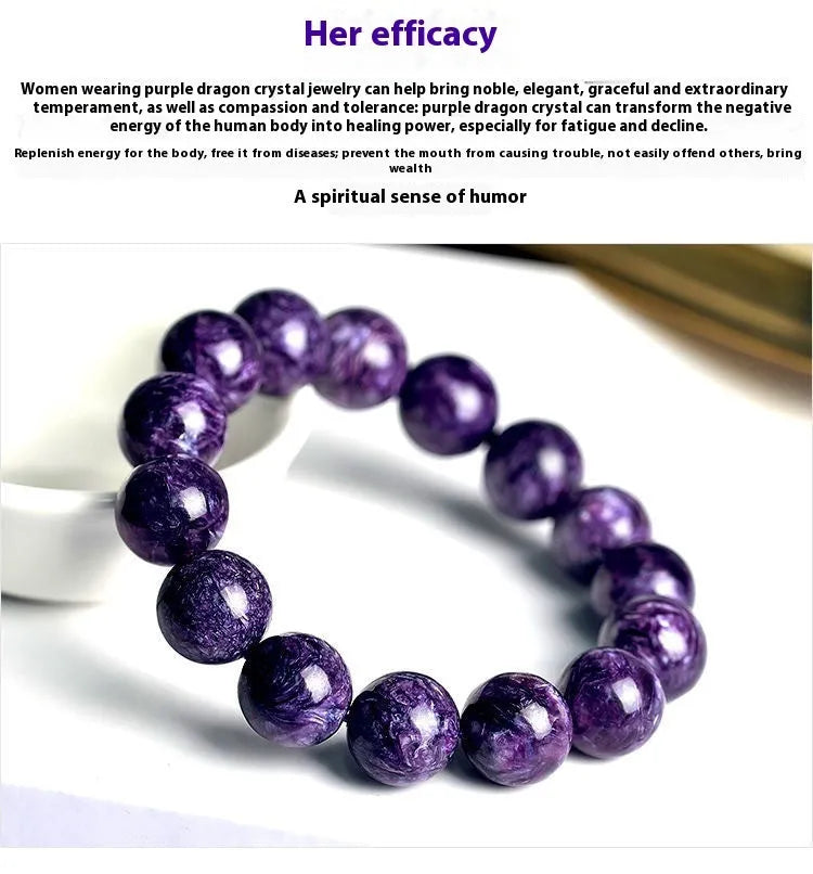 Natural purple charoite crystal bracelet with platinum-coloured metal setting, showing different bead size options.