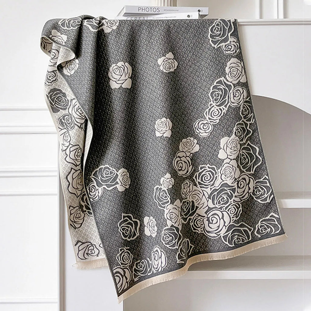 Grey imitation cashmere winter shawl with tassels, shown draped.