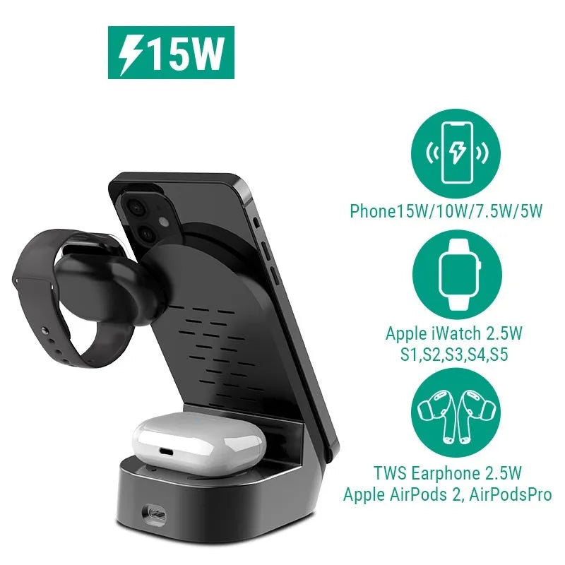 Dark grey foldable 3-in-1 wireless charging stand with phone, watch and earbuds charging simultaneously