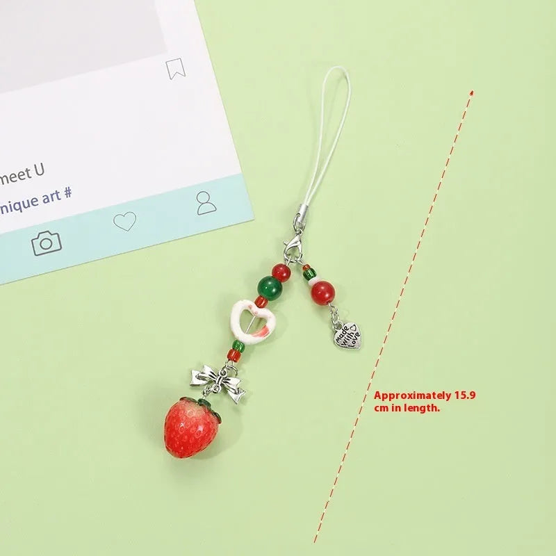Fruit-themed mobile phone bag pendant keychain with resin apple and strawberry designs