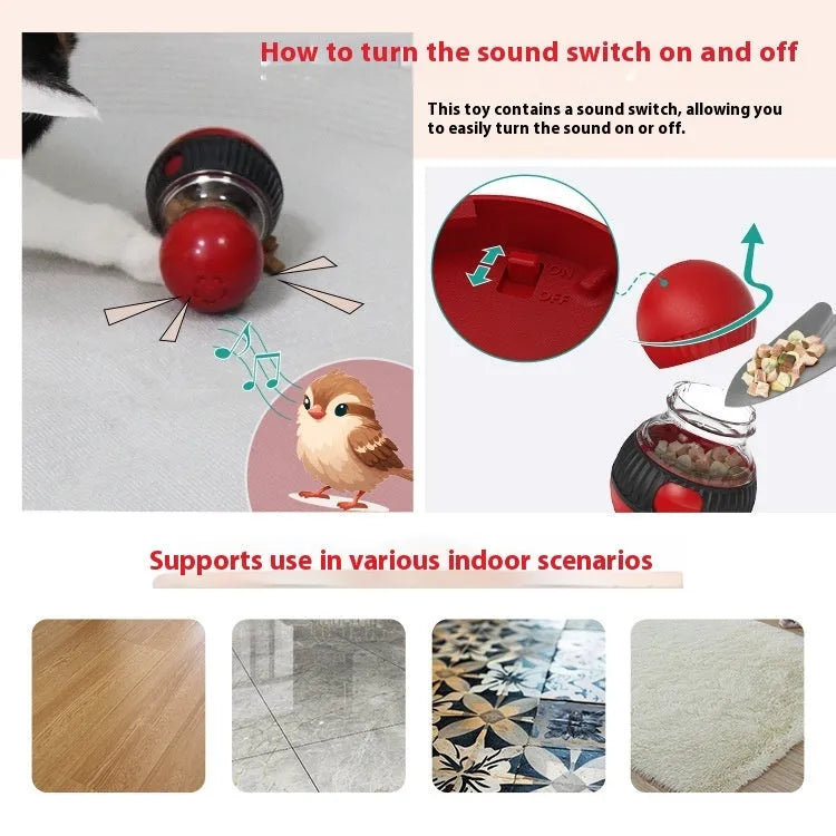 Rotating funny cat sound food dropping ball toy in super ball colour, plastic construction