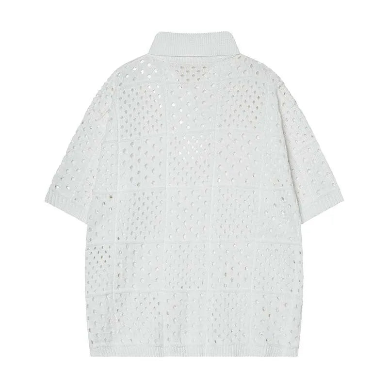 Black and white short-sleeved polo shirt with hollow knit design for teenage casual wear