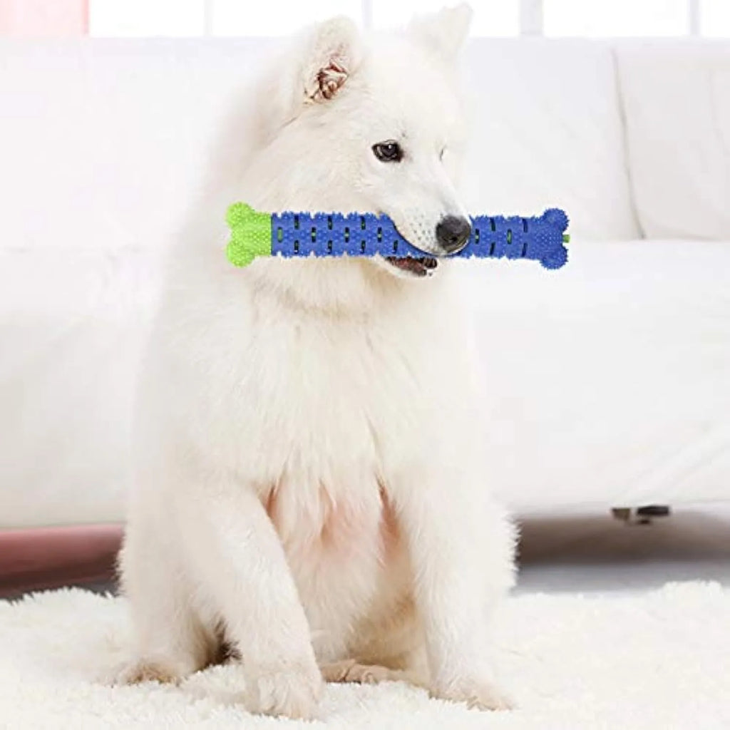 Blue-green silicone dog dental chew toy with serrated brush head and gum massage nodules