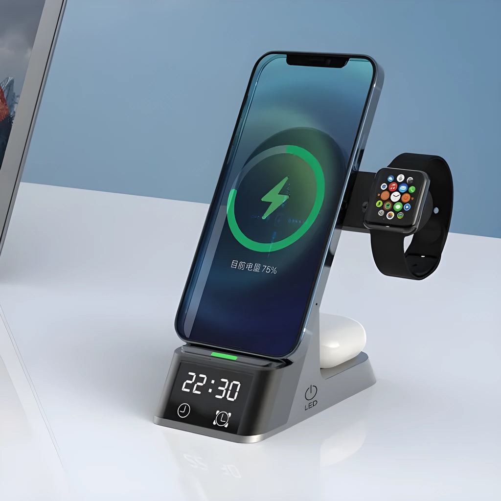 Black multifunctional wireless charging alarm clock with six ports showing smartphone on charging pad