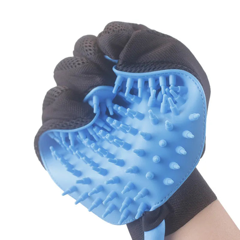 Blue handheld pet shower head with silicone massage glove, 7.5 ft hose and two faucet adapters for dog and cat bathing